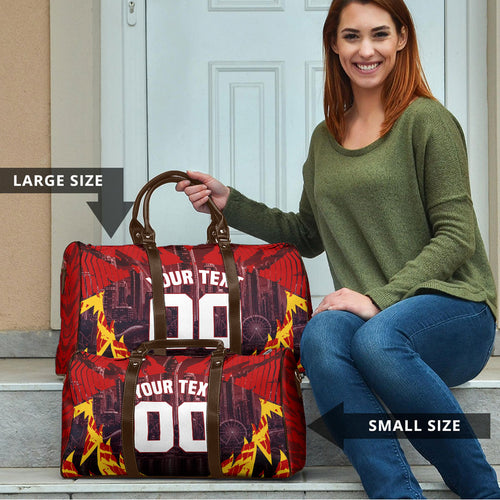 Personalised Gold Coast Suns Football Travel Bag Electric Red Flame Mascot Charging Cityscape