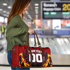 Personalised Gold Coast Suns Football Travel Bag Electric Red Flame Mascot Charging Cityscape