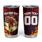 Personalised Gold Coast Suns Football Tumbler Cup Electric Red Flame Mascot Charging Cityscape