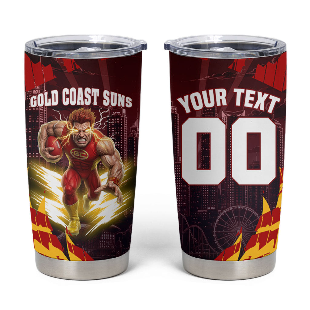 Personalised Gold Coast Suns Football Tumbler Cup Electric Red Flame Mascot Charging Cityscape