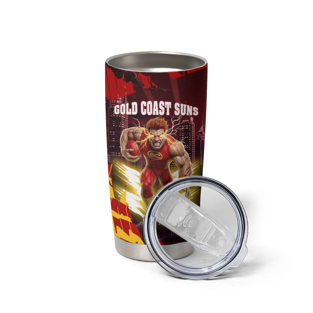 Personalised Gold Coast Suns Football Tumbler Cup Electric Red Flame Mascot Charging Cityscape