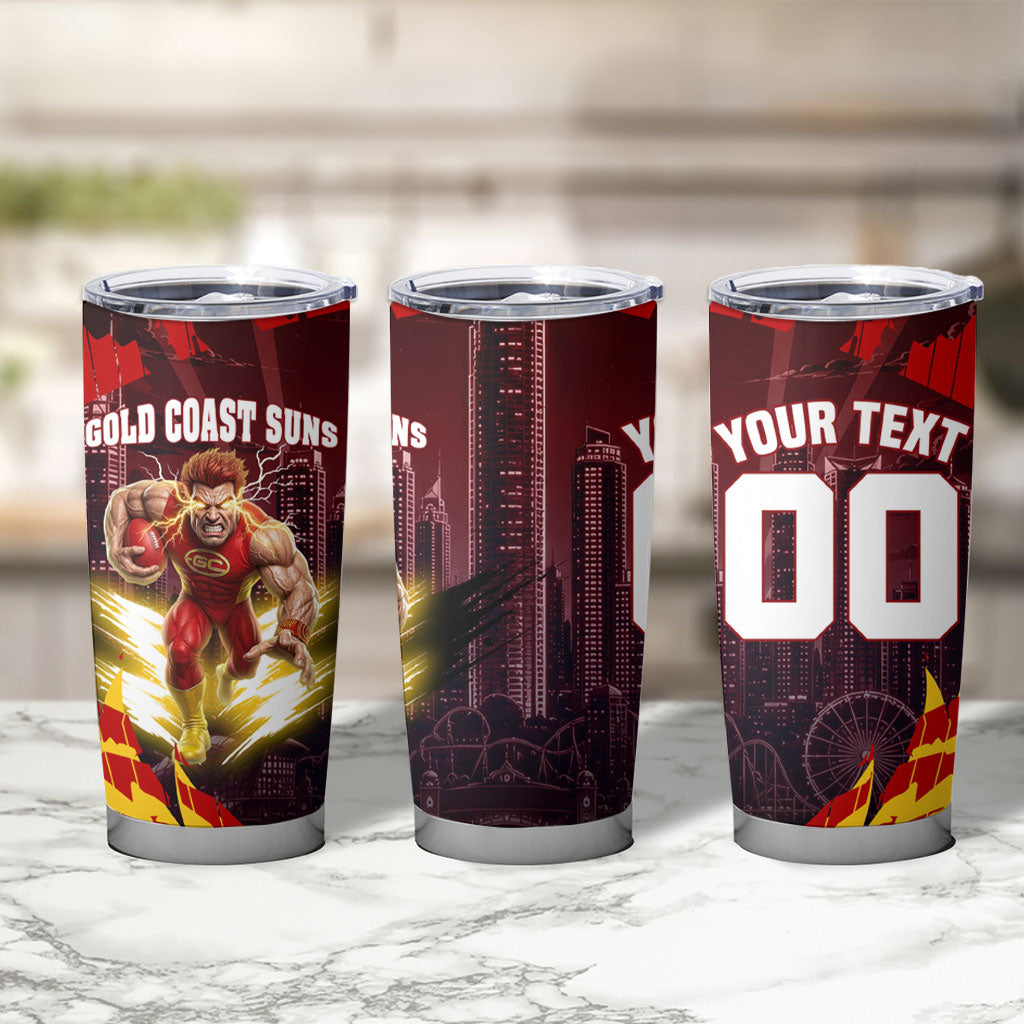Personalised Gold Coast Suns Football Tumbler Cup Electric Red Flame Mascot Charging Cityscape