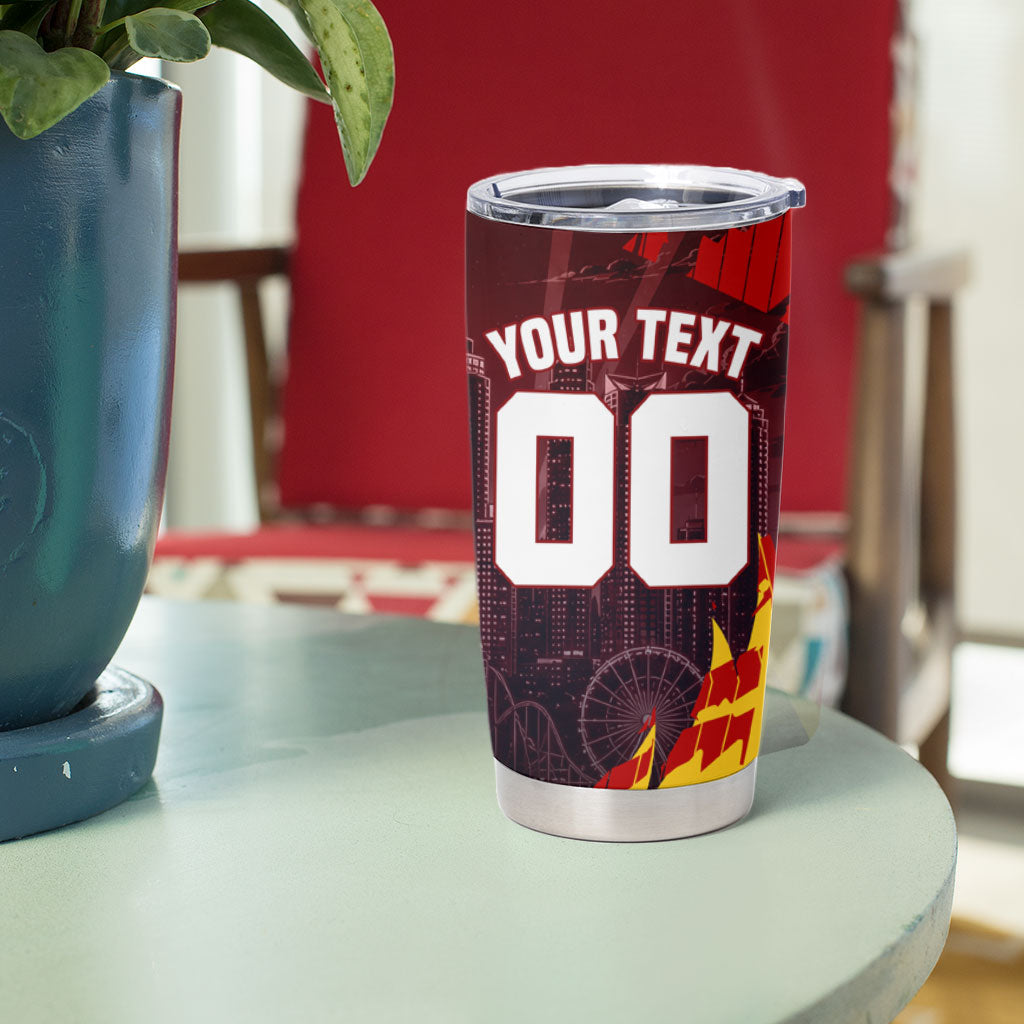 Personalised Gold Coast Suns Football Tumbler Cup Electric Red Flame Mascot Charging Cityscape