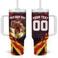 Personalised Gold Coast Suns Football Tumbler With Handle Electric Red Flame Mascot Charging Cityscape