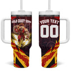 Personalised Gold Coast Suns Football Tumbler With Handle Electric Red Flame Mascot Charging Cityscape