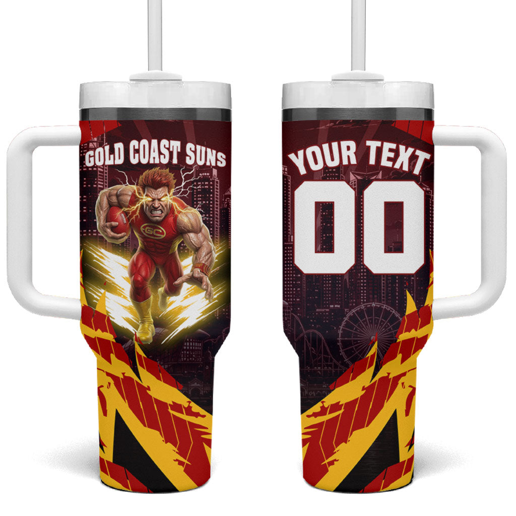 Personalised Gold Coast Suns Football Tumbler With Handle Electric Red Flame Mascot Charging Cityscape