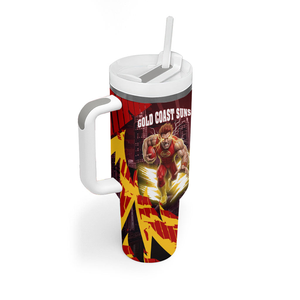 Personalised Gold Coast Suns Football Tumbler With Handle Electric Red Flame Mascot Charging Cityscape