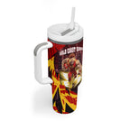Personalised Gold Coast Suns Football Tumbler With Handle Electric Red Flame Mascot Charging Cityscape