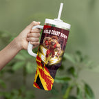 Personalised Gold Coast Suns Football Tumbler With Handle Electric Red Flame Mascot Charging Cityscape