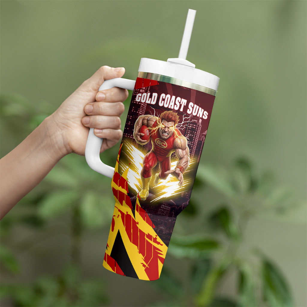 Personalised Gold Coast Suns Football Tumbler With Handle Electric Red Flame Mascot Charging Cityscape