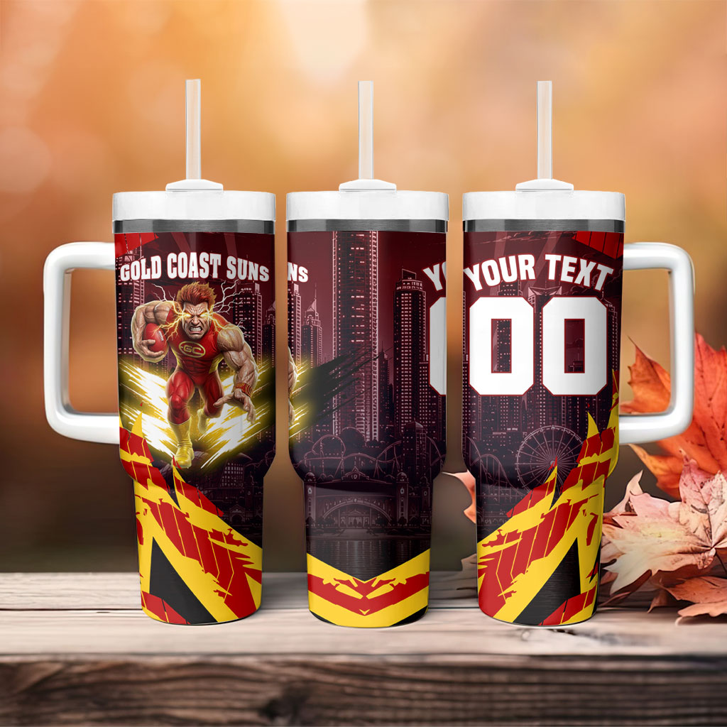 Personalised Gold Coast Suns Football Tumbler With Handle Electric Red Flame Mascot Charging Cityscape