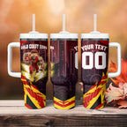 Personalised Gold Coast Suns Football Tumbler With Handle Electric Red Flame Mascot Charging Cityscape