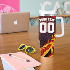Personalised Gold Coast Suns Football Tumbler With Handle Electric Red Flame Mascot Charging Cityscape