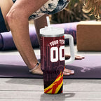 Personalised Gold Coast Suns Football Tumbler With Handle Electric Red Flame Mascot Charging Cityscape