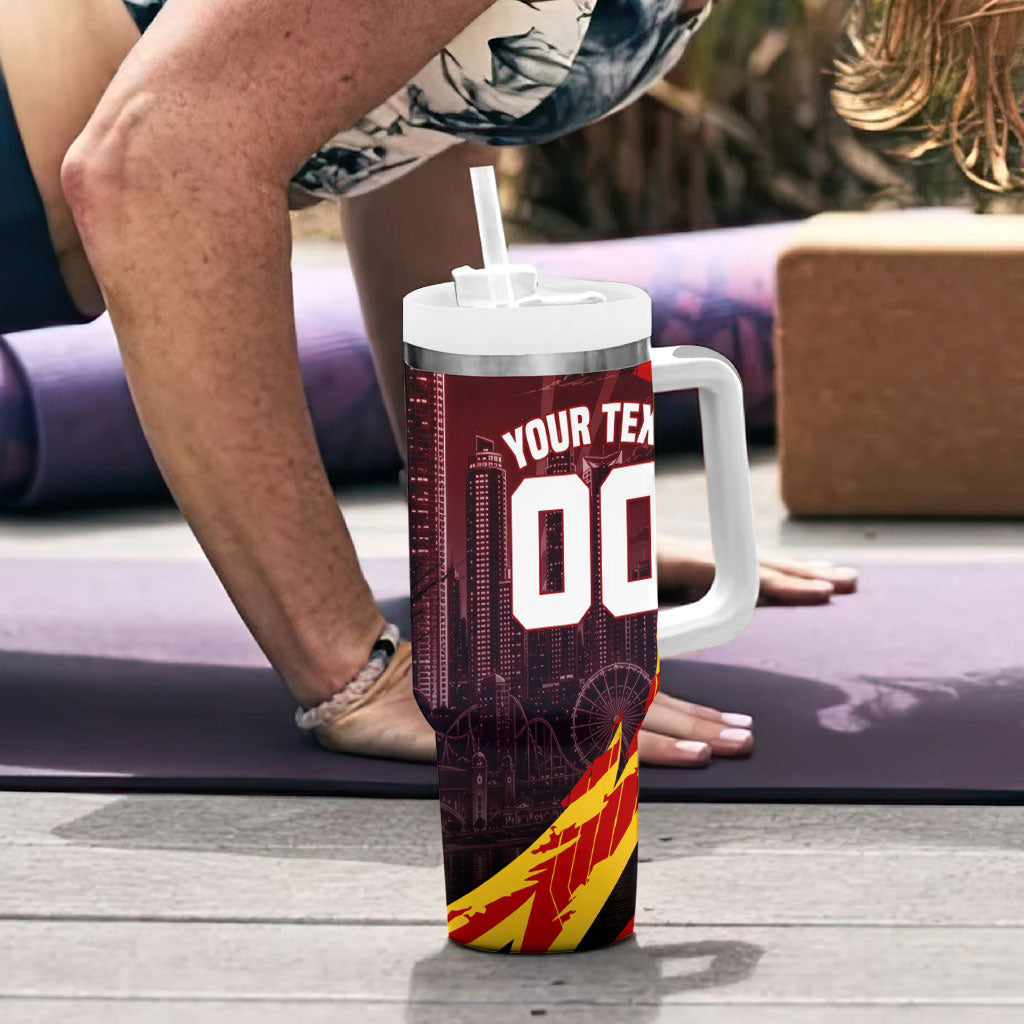 Personalised Gold Coast Suns Football Tumbler With Handle Electric Red Flame Mascot Charging Cityscape