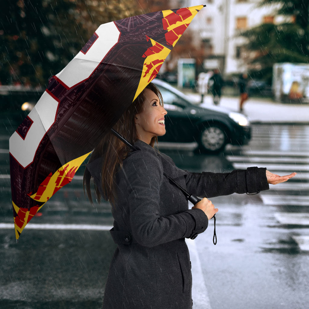 Personalised Gold Coast Suns Football Umbrella Electric Red Flame Mascot Charging Cityscape