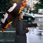 Personalised Gold Coast Suns Football Umbrella Electric Red Flame Mascot Charging Cityscape