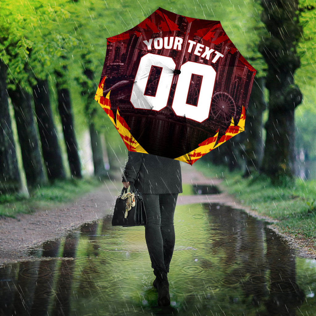 Personalised Gold Coast Suns Football Umbrella Electric Red Flame Mascot Charging Cityscape
