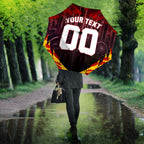 Personalised Gold Coast Suns Football Umbrella Electric Red Flame Mascot Charging Cityscape