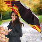 Personalised Gold Coast Suns Football Umbrella Electric Red Flame Mascot Charging Cityscape