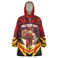 Personalised Gold Coast Suns Football Wearable Blanket Hoodie Electric Red Flame Mascot Charging Cityscape