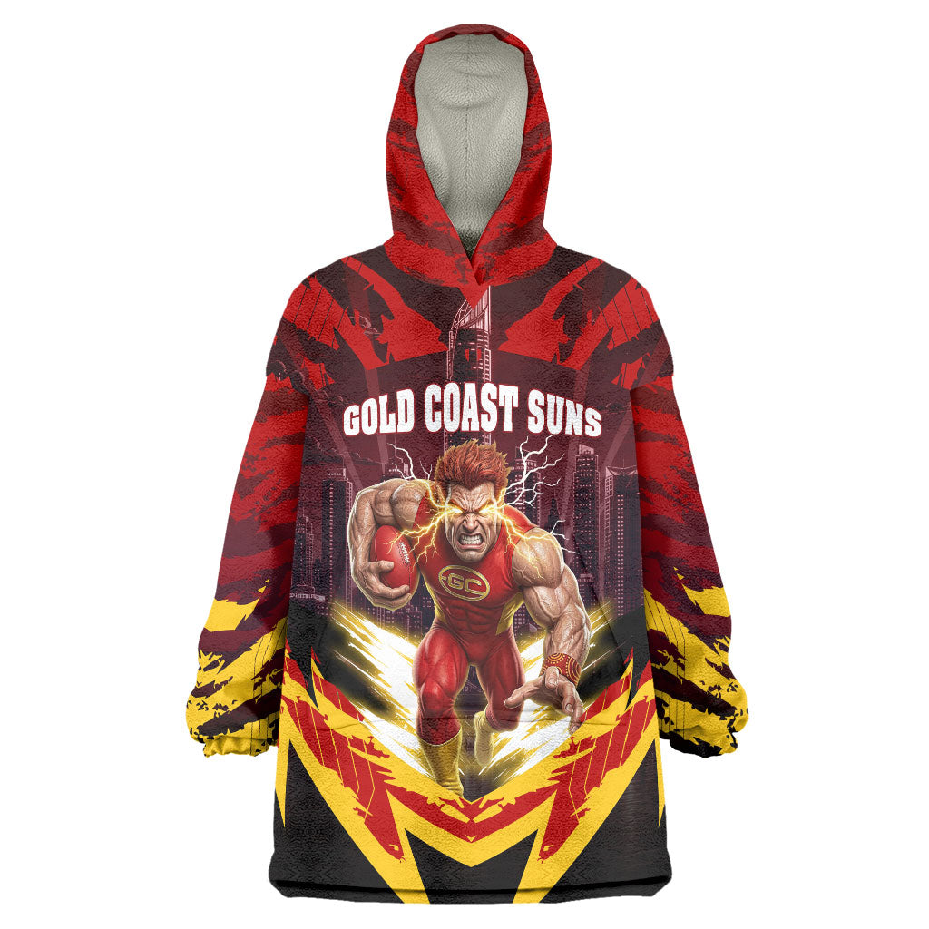 Personalised Gold Coast Suns Football Wearable Blanket Hoodie Electric Red Flame Mascot Charging Cityscape