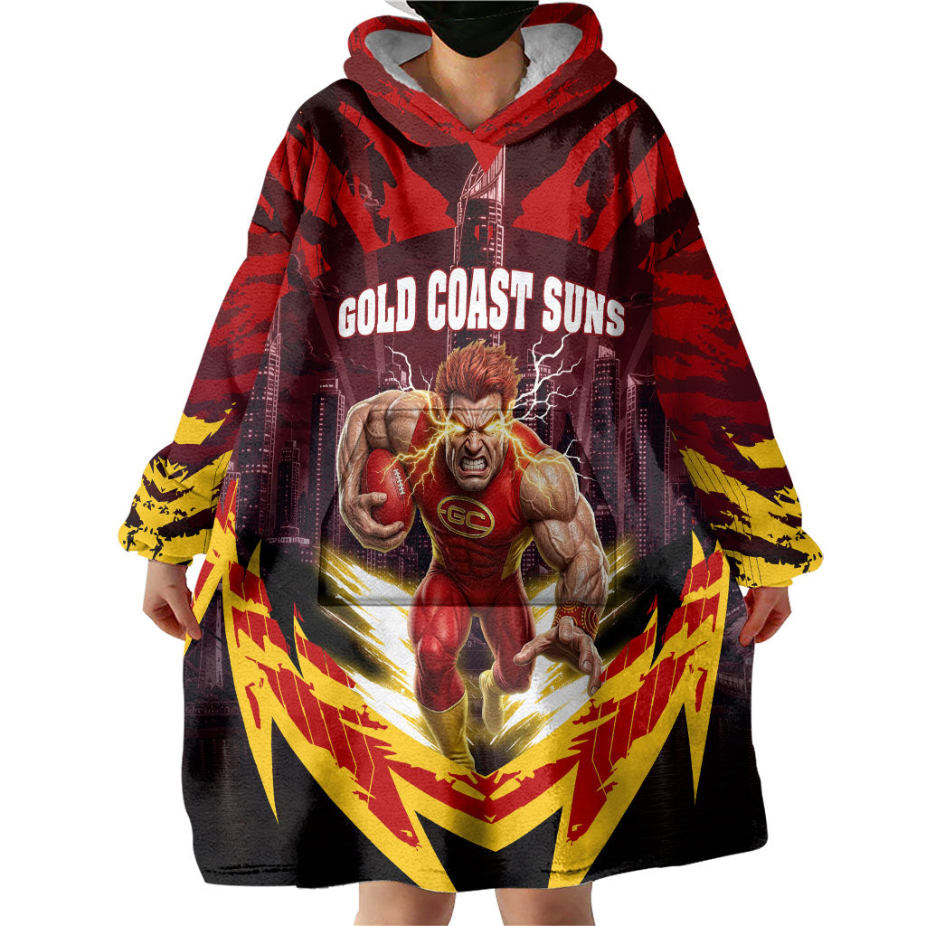 Personalised Gold Coast Suns Football Wearable Blanket Hoodie Electric Red Flame Mascot Charging Cityscape