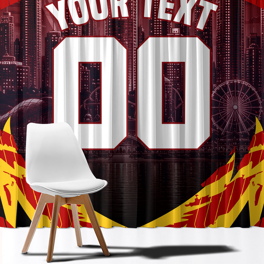 Personalised Gold Coast Suns Football Window Curtain Electric Red Flame Mascot Charging Cityscape