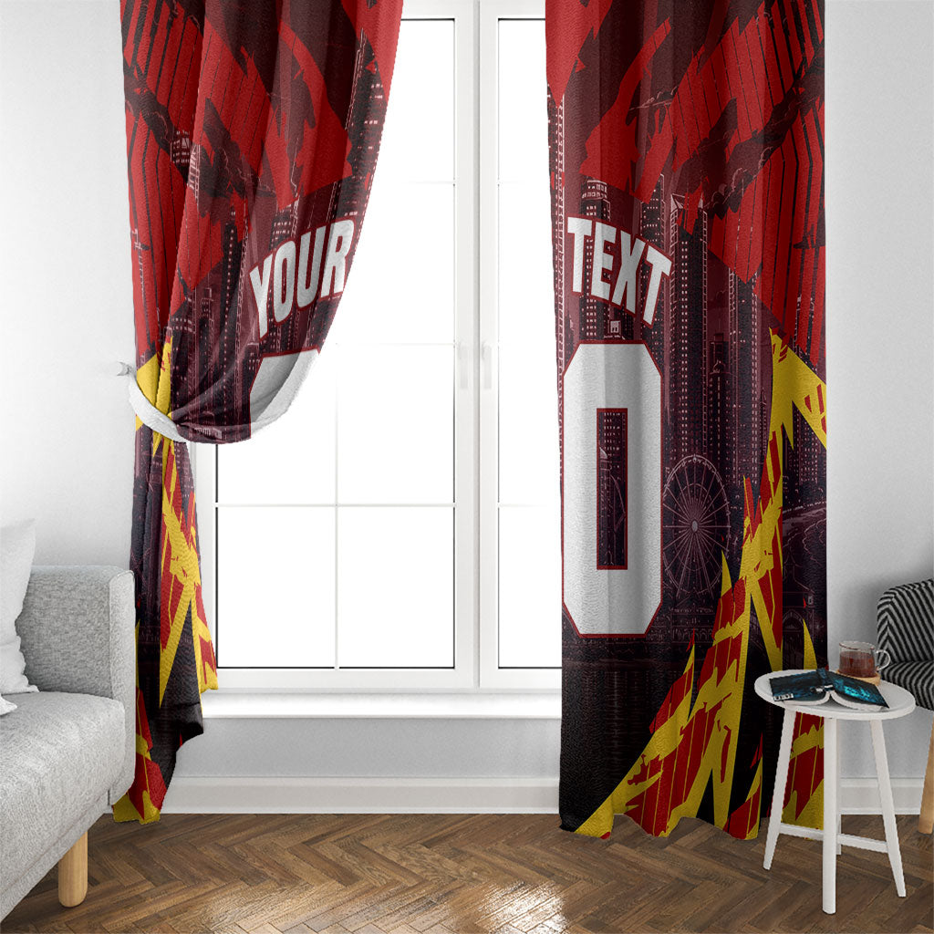 Personalised Gold Coast Suns Football Window Curtain Electric Red Flame Mascot Charging Cityscape