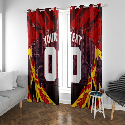 Personalised Gold Coast Suns Football Window Curtain Electric Red Flame Mascot Charging Cityscape