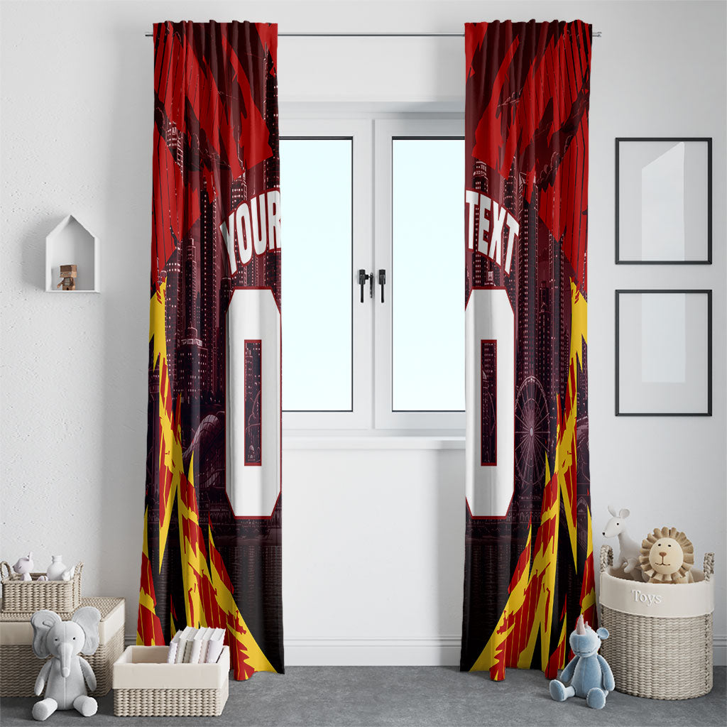 Personalised Gold Coast Suns Football Window Curtain Electric Red Flame Mascot Charging Cityscape
