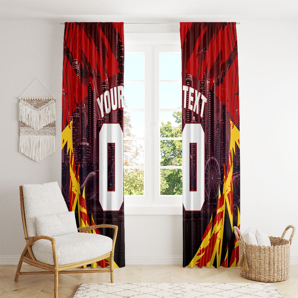Personalised Gold Coast Suns Football Window Curtain Electric Red Flame Mascot Charging Cityscape