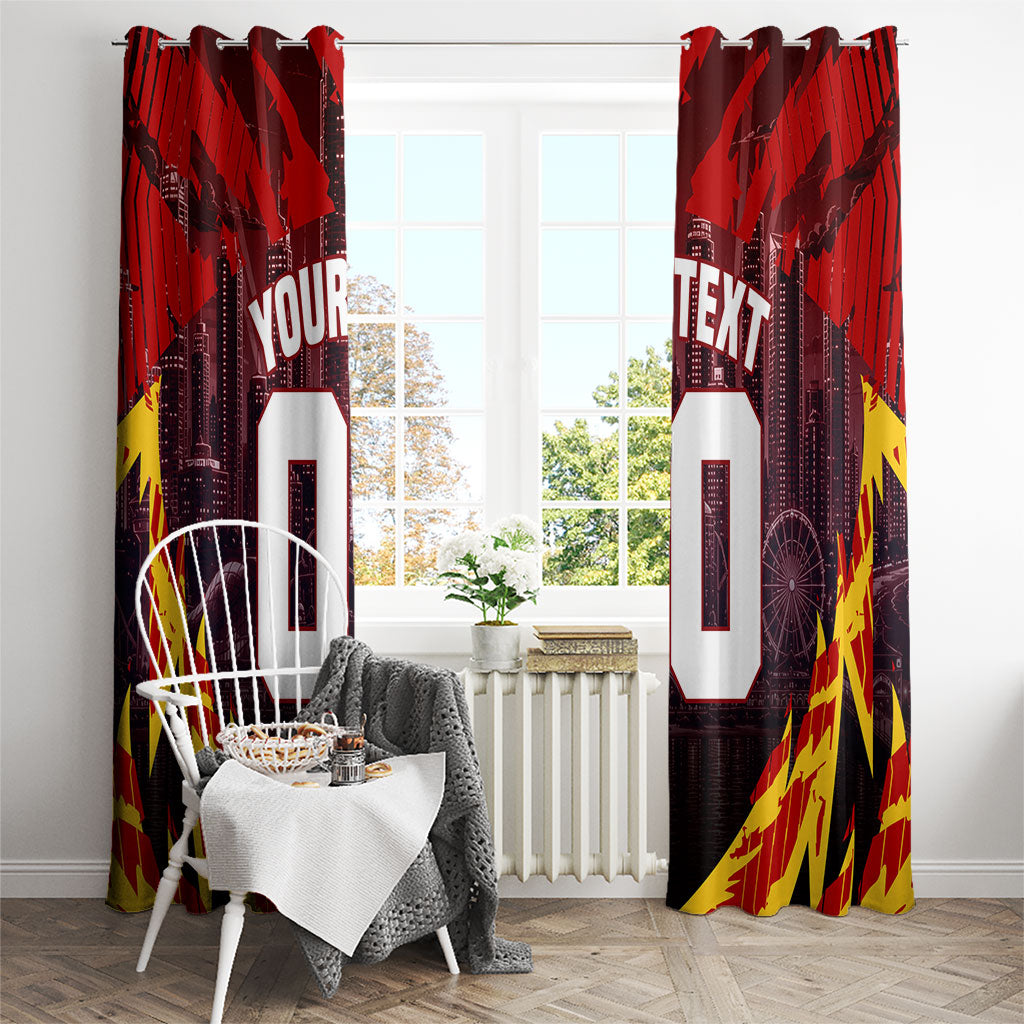 Personalised Gold Coast Suns Football Window Curtain Electric Red Flame Mascot Charging Cityscape