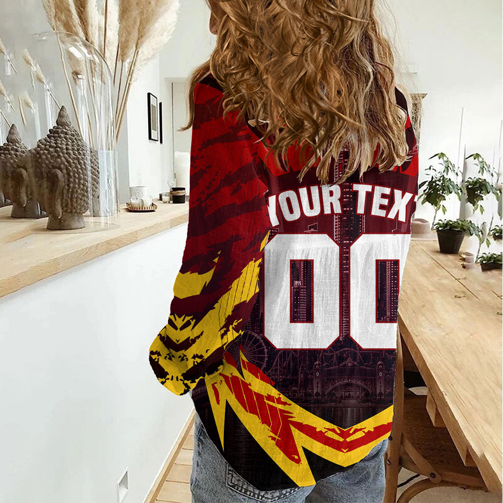 Personalised Gold Coast Suns Football Women Casual Shirt Electric Red Flame Mascot Charging Cityscape