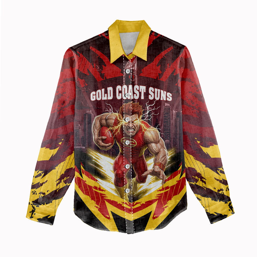 Personalised Gold Coast Suns Football Women Casual Shirt Electric Red Flame Mascot Charging Cityscape