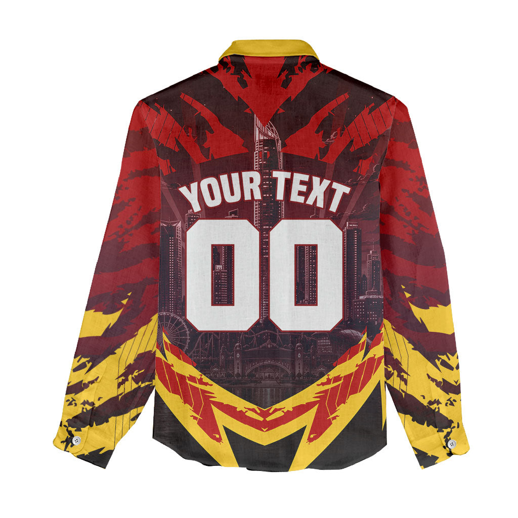 Personalised Gold Coast Suns Football Women Casual Shirt Electric Red Flame Mascot Charging Cityscape