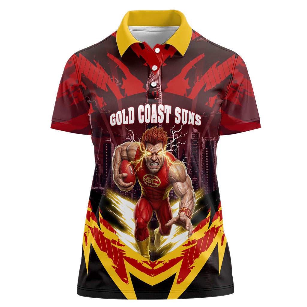 Personalised Gold Coast Suns Football Women Polo Shirt Electric Red Flame Mascot Charging Cityscape