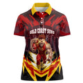 Personalised Gold Coast Suns Football Women Polo Shirt Electric Red Flame Mascot Charging Cityscape
