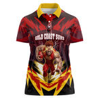 Personalised Gold Coast Suns Football Women Polo Shirt Electric Red Flame Mascot Charging Cityscape