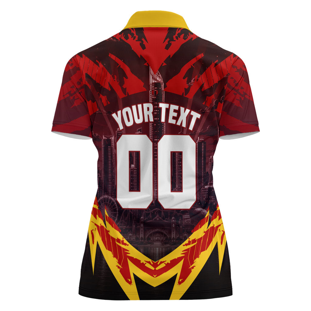 Personalised Gold Coast Suns Football Women Polo Shirt Electric Red Flame Mascot Charging Cityscape