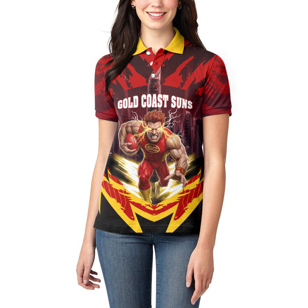 Personalised Gold Coast Suns Football Women Polo Shirt Electric Red Flame Mascot Charging Cityscape