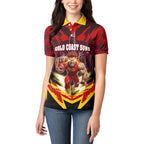Personalised Gold Coast Suns Football Women Polo Shirt Electric Red Flame Mascot Charging Cityscape