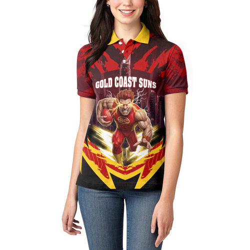 Personalised Gold Coast Suns Football Women Polo Shirt Electric Red Flame Mascot Charging Cityscape