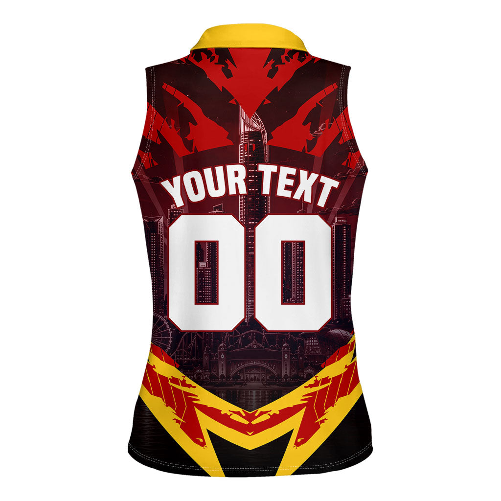 Personalised Gold Coast Suns Football Women Sleeveless Polo Shirt Electric Red Flame Mascot Charging Cityscape