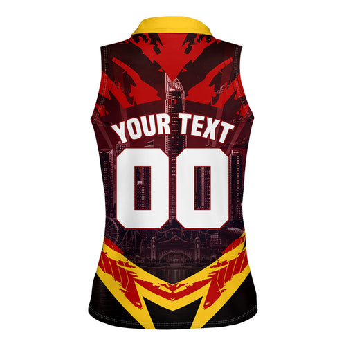 Personalised Gold Coast Suns Football Women Sleeveless Polo Shirt Electric Red Flame Mascot Charging Cityscape