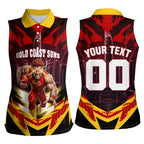 Personalised Gold Coast Suns Football Women Sleeveless Polo Shirt Electric Red Flame Mascot Charging Cityscape