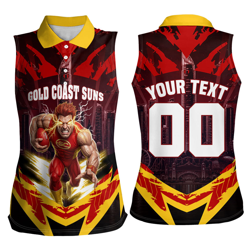 Personalised Gold Coast Suns Football Women Sleeveless Polo Shirt Electric Red Flame Mascot Charging Cityscape