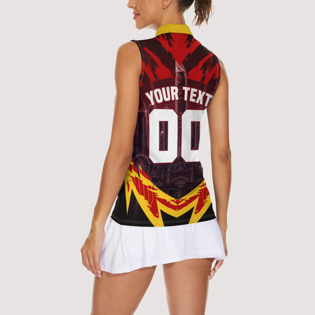 Personalised Gold Coast Suns Football Women Sleeveless Polo Shirt Electric Red Flame Mascot Charging Cityscape