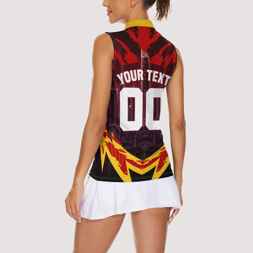 Personalised Gold Coast Suns Football Women Sleeveless Polo Shirt Electric Red Flame Mascot Charging Cityscape