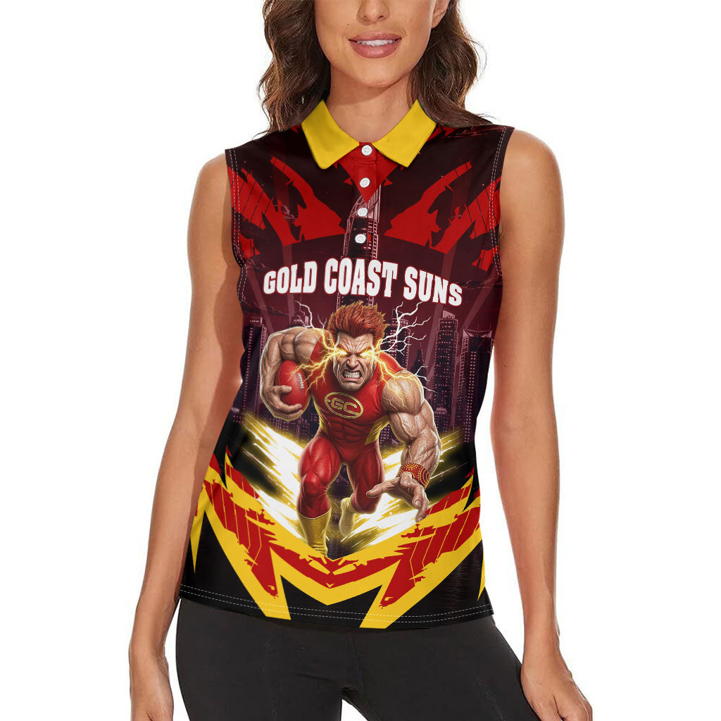 Personalised Gold Coast Suns Football Women Sleeveless Polo Shirt Electric Red Flame Mascot Charging Cityscape